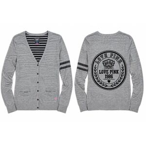 PINK Victorias Secret Cardigan XS Gray Varsity Graphic Y2K 2010s Indie Lounge